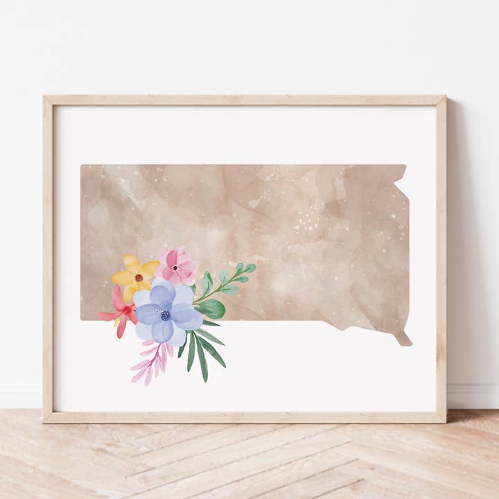 Tirage d'art — silhouette florale du Dakota du Sud pour la vente par Backstory Map Co.