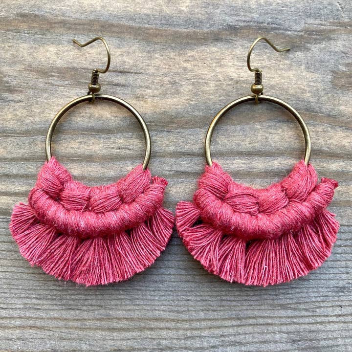 Small Round Fringe Earrings - Rose Pink & Bronze for wholesale by HK Macrame Jewelry