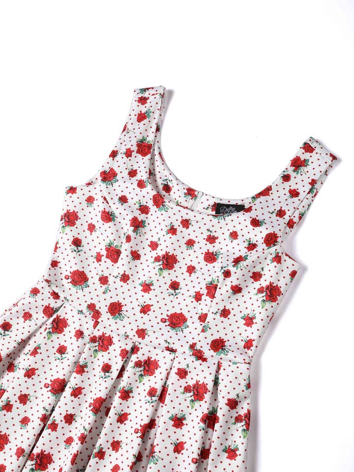 Dolly & Dotty - Wholesale Dress - Women's - Amanda Cotton White Scoop Neck Rose/Heart Print Swing Dress