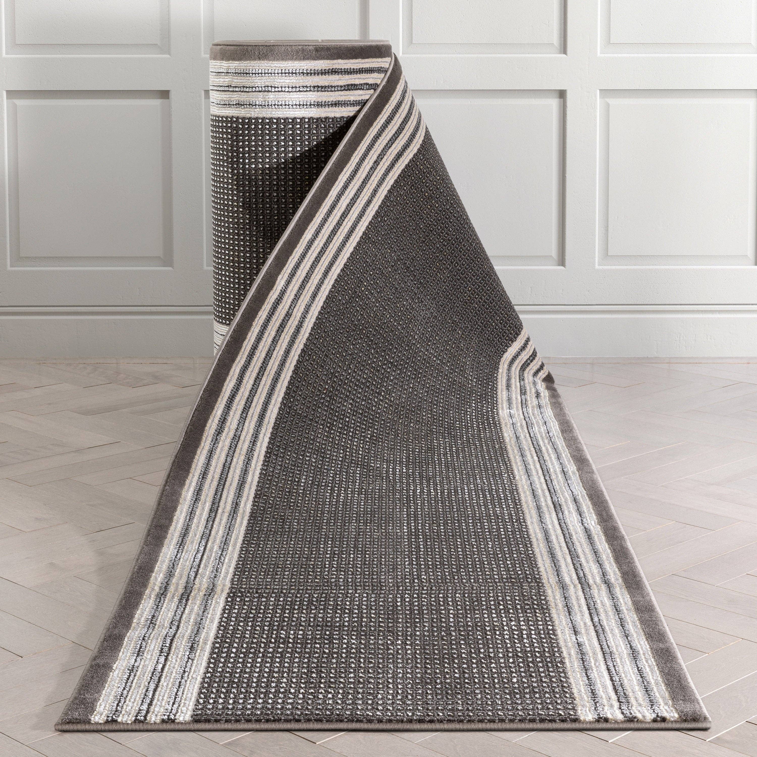 Well Woven - Wholesale Runner Rug - Custom Size Runner Waylon Retro Border Solid & Striped Grey5