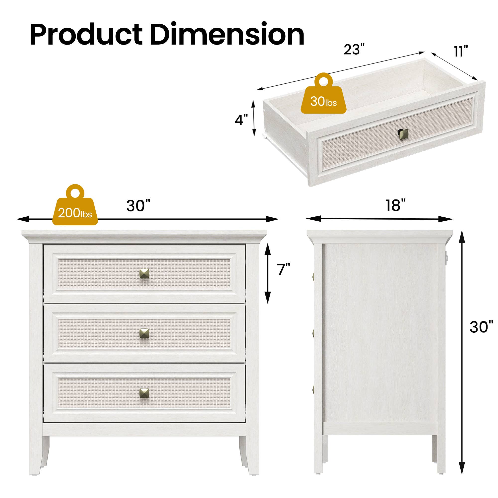Heynemo - Wholesale Cabinet - 3 Drawer Dresser, Cane Nightstand with Rattan Drawers12