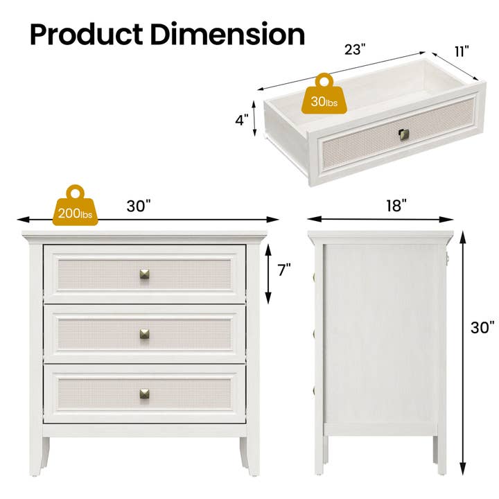 Heynemo - Wholesale Cabinet - 3 Drawer Dresser, Cane Nightstand with Rattan Drawers12