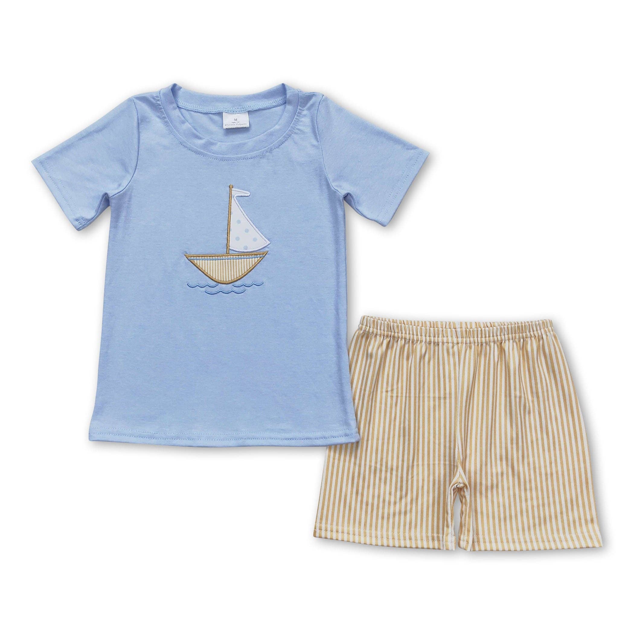 Yawoo Garments - Wholesale Top & Short Set - Kids - Boat top stripe shorts boys summer clothes0
