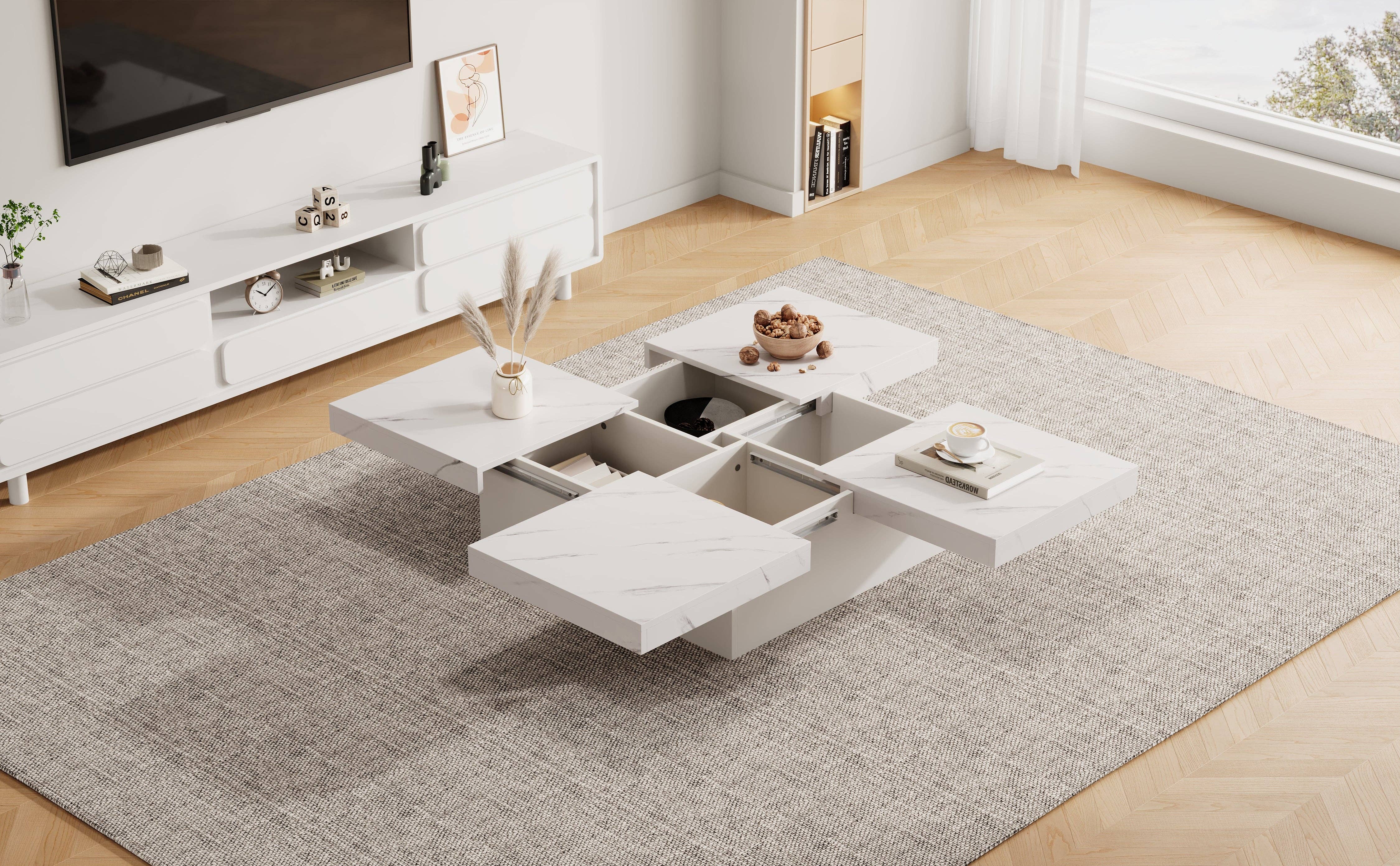 Urban Meuble - Wholesale Side Table - Modern white square coffee table with marble effect, 4 drawers, sliding top 90x90x25cm KHEKRIED55