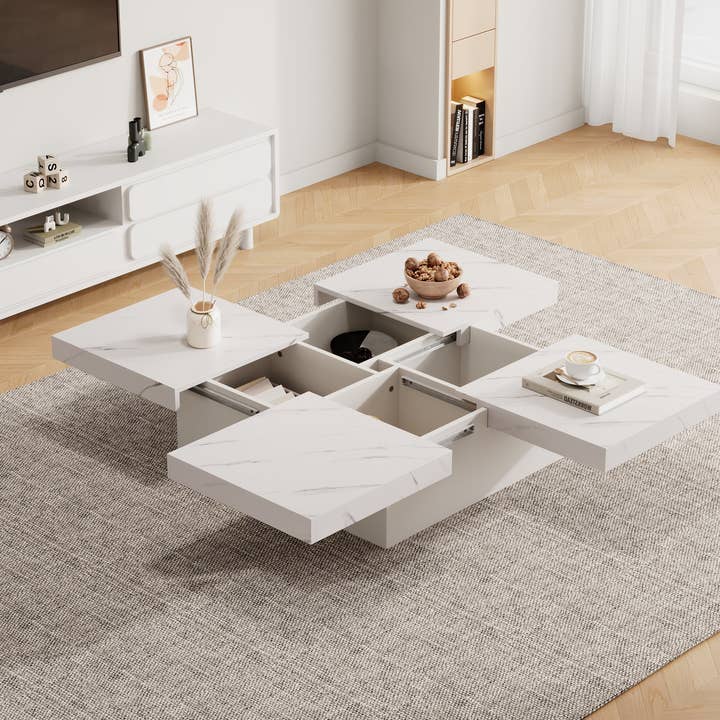 Urban Meuble - Wholesale Side Table - Modern white square coffee table with marble effect, 4 drawers, sliding top 90x90x25cm KHEKRIED55