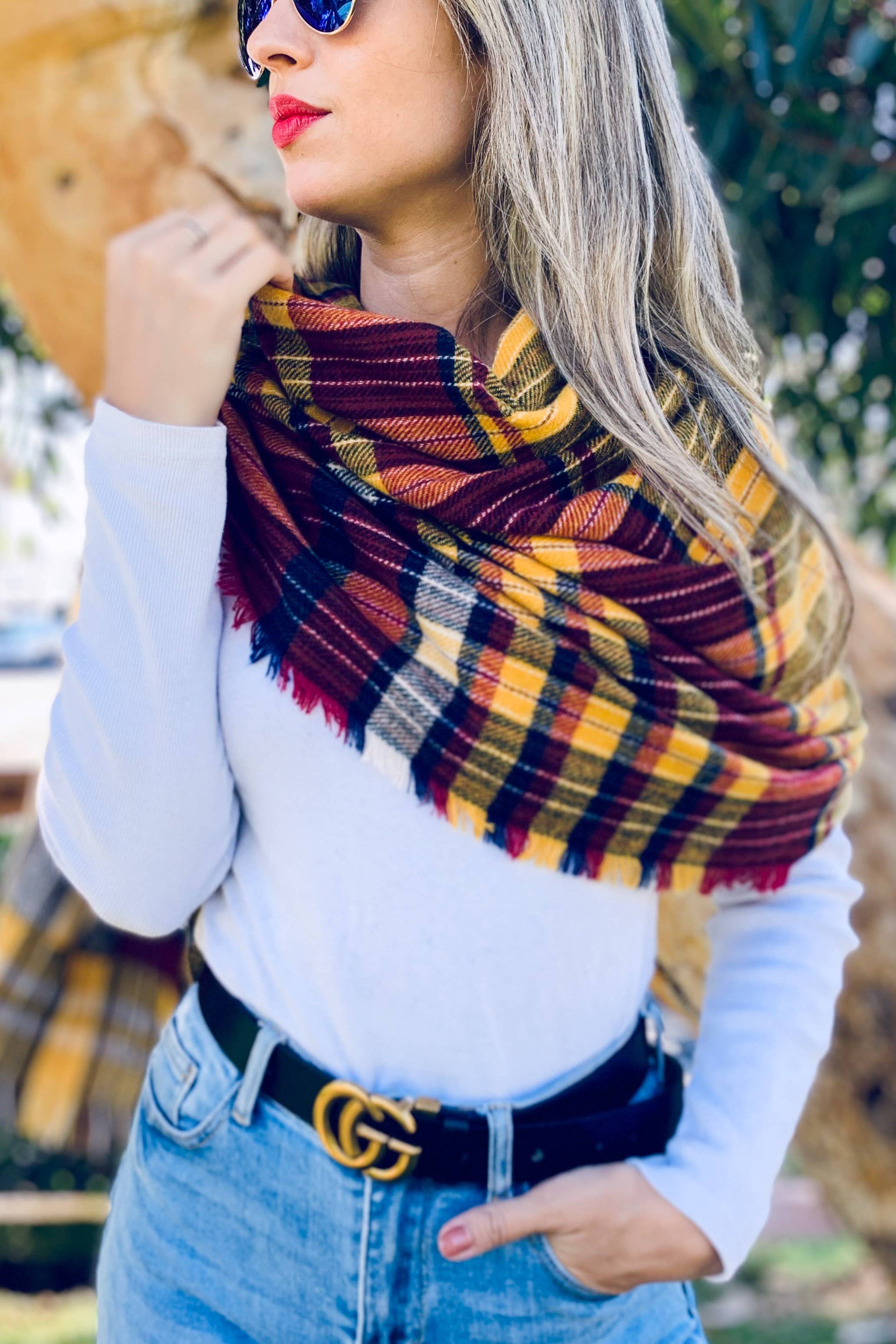 Mustard Plaid Knitted Shawl Scarf With Pocket for wholesale on Faire4