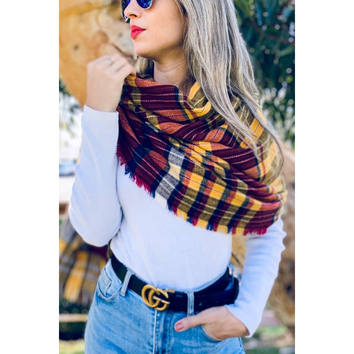 Mustard Plaid Knitted Shawl Scarf With Pocket for wholesale on Faire4