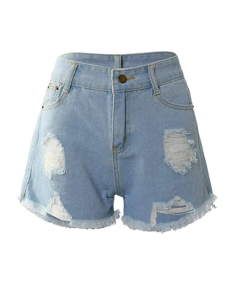 BLUE lip letter print ripped raw hem denim shorts for wholesale on Faire5