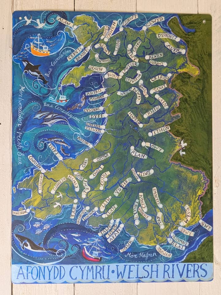 Targa grande in latta Afonydd Cymru/Welsh Rivers per la vendita all'ingrosso da parte di Driftwood Designs