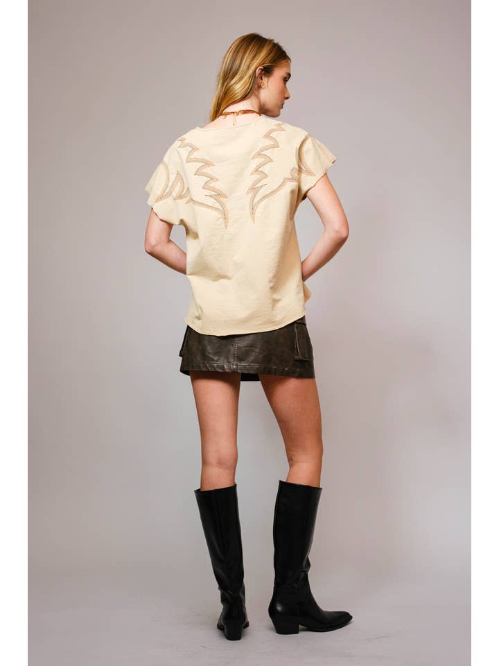 WASHED TAUPE 23539T - Dolmen Boots Stitch V Neck French Terry T Shirt for wholesale on Faire4