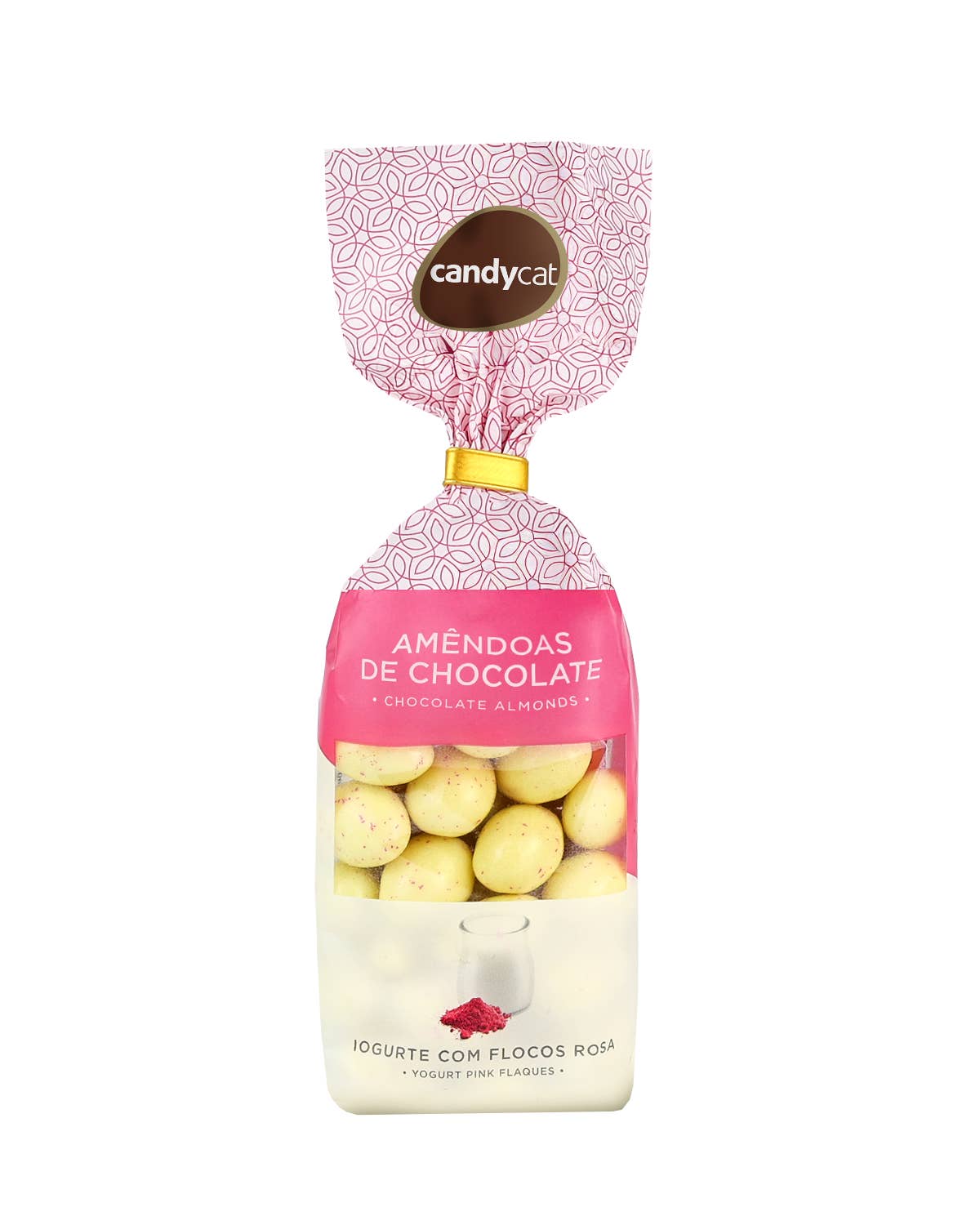 Candycat – wholesale Chokladtäckta godisar – Mandel Yoghurt med Rosa Flakes - Premium Påse AT 150g