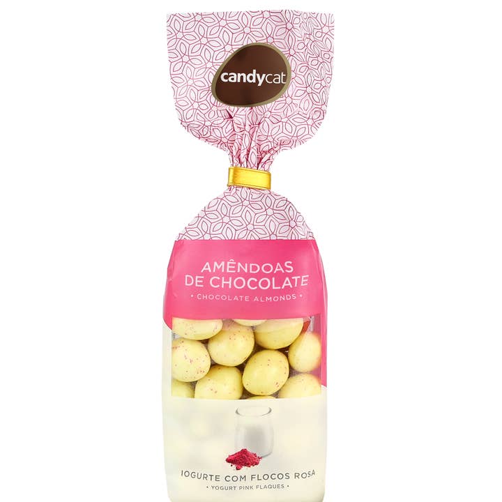 Candycat – wholesale Chokladtäckta godisar – Mandel Yoghurt med Rosa Flakes - Premium Påse AT 150g0