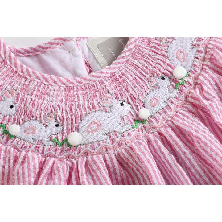 Lil Cactus - Wholesale Dress - Kids - Pink Seersucker Running Bunnies Smocked Bishop Dress5