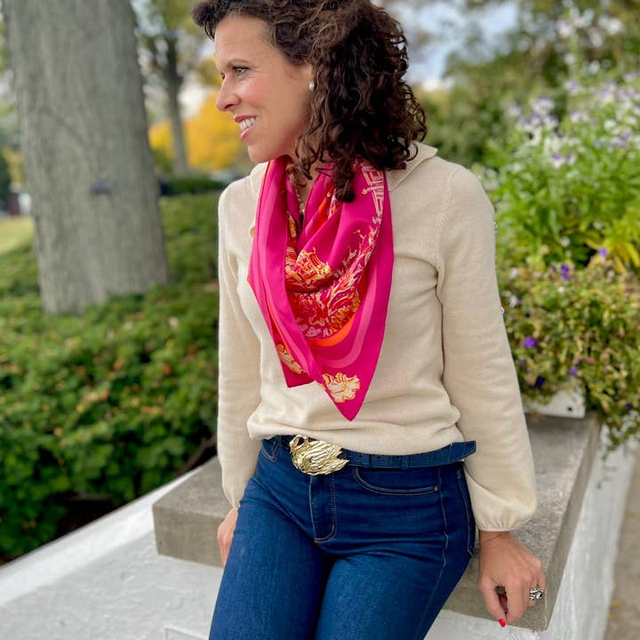 Raspberry Pagoda - Chinoiserie in the Sea sjaal van 100% zijde van keperstof voor wholesale door Grey Hall Design