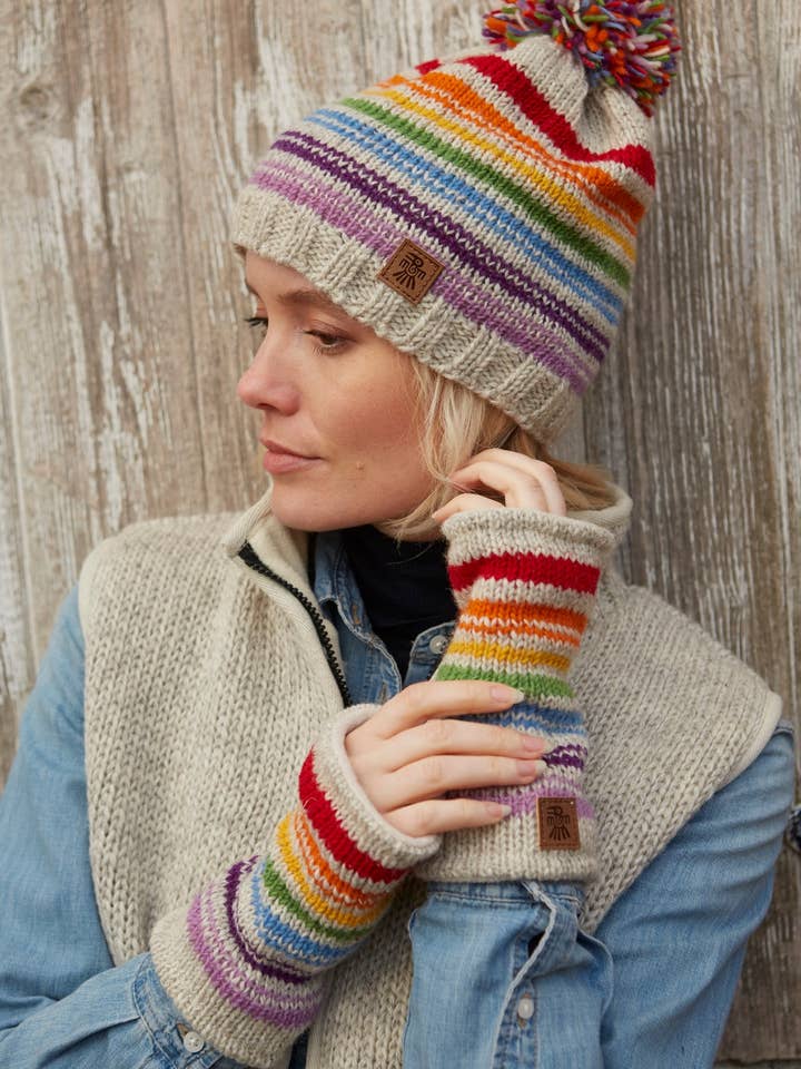 Hexham Bobble Beanie Oatmeal for wholesale by Pachamama Ltd