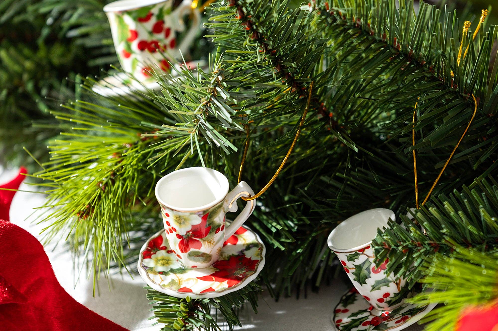 Grace Teaware - Wholesale Ornament Set - Holly Berries and Poinsettia Assorted Mini Teacups Ornament Set of 62