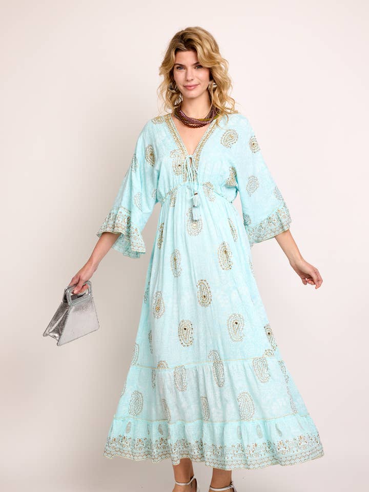 LONG GOLD DRESS, BLOCKPRINT PATTERN, HAND EMBROIDERED for wholesale by ANISA