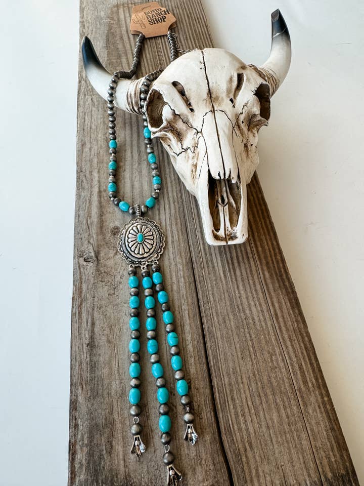 20” Concho Pendant with Bead Tassel Necklace for wholesale by Boho Ranch Shop