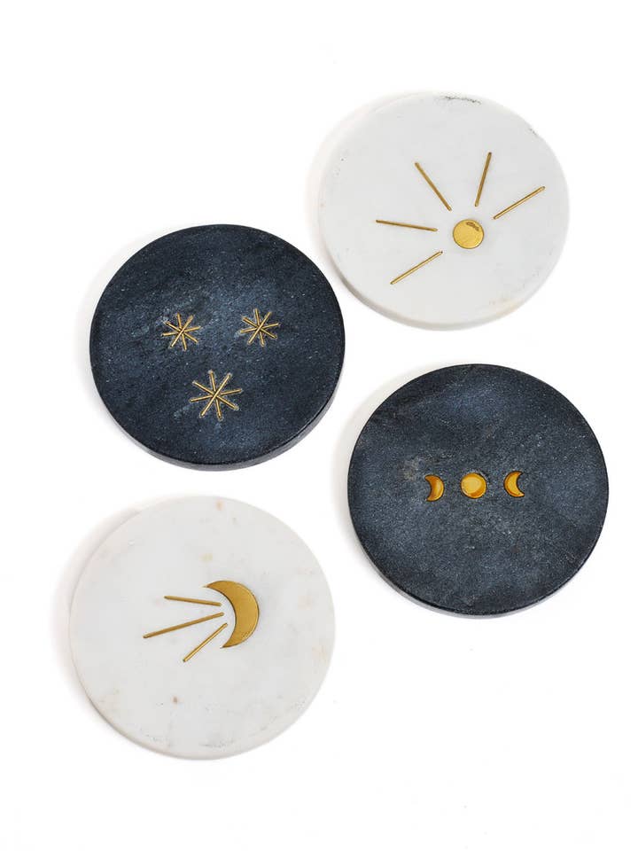 Sottobicchieri in marmo Indukala Moon Phase, nero, bianco, set di 4 per la vendita all'ingrosso da parte di Matr Boomie Fair Trade