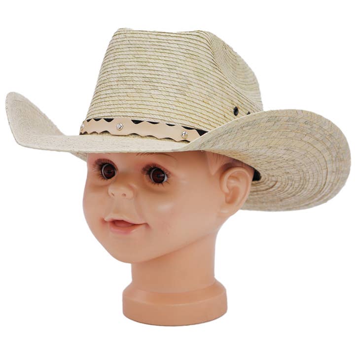 Cap Zone - Wholesale Cowboy Hat - Kids - Kids Biggs Crown Palm Leaf Straw Cowboy Hat