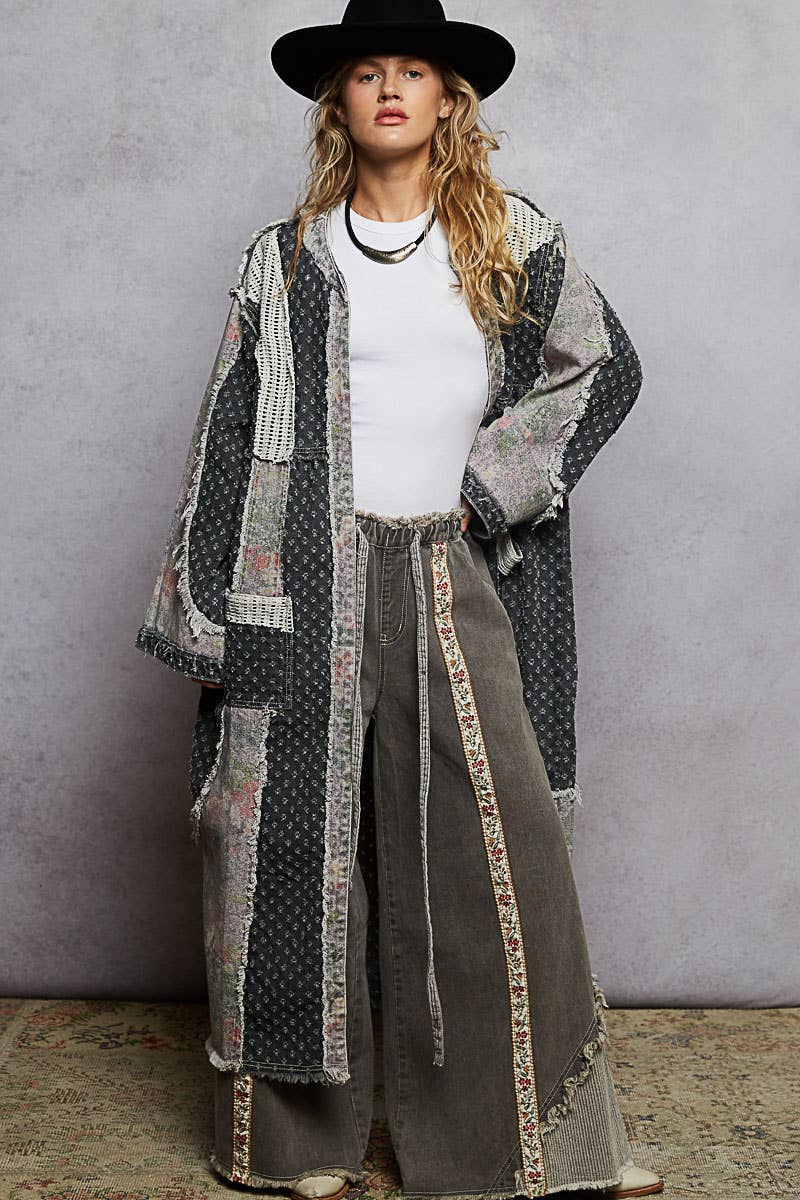 Pol Clothing - Wholesale Cardigan - Women's - Long sleeve crochet contrast denim maxi length open cardigan1