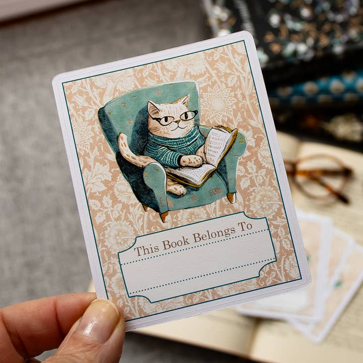 Cozy Cat Bookplate Stickers for wholesale by Sunshine and Ravioli