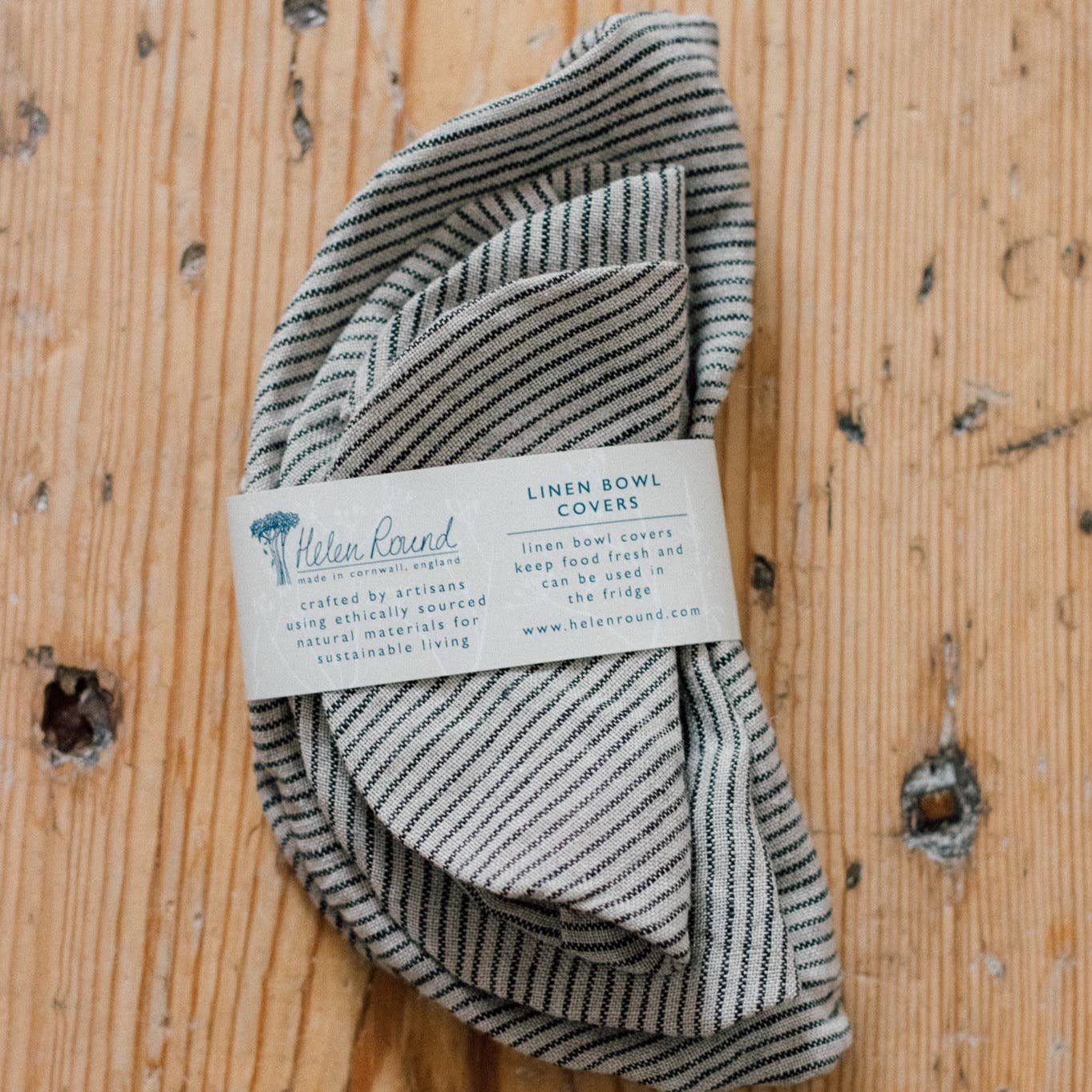 Helen Round - hand printed linen (US Duties Paid) - Vente Sachet de conservation/film alimentaire - Couvre-bols en lin rayé, ensemble de 3, couvre-bols réutilisables5