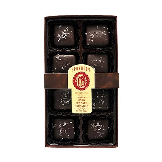 8pc Dark Chocolate Sea Salt Caramels Gift Box - 5 oz for wholesale by Spokandy Chocolatier
