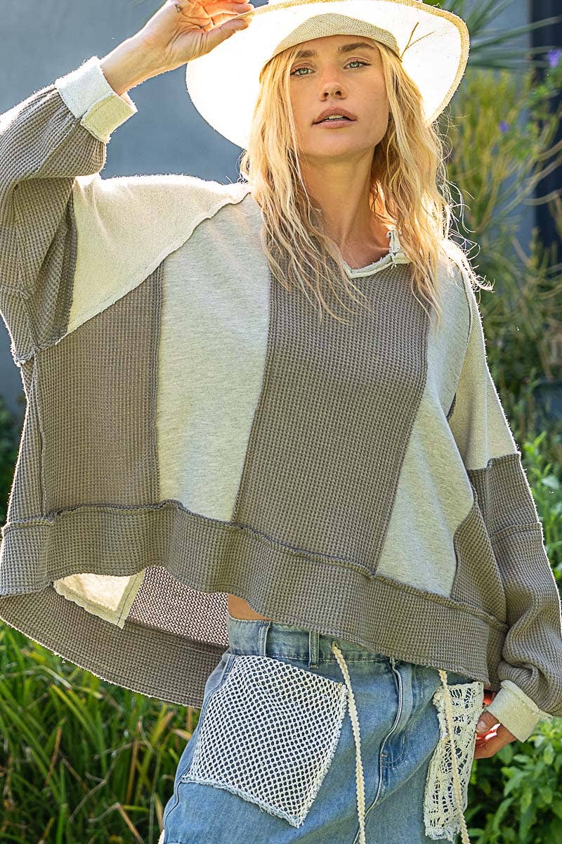 Pol Clothing - Wholesale Knit Top - Women's - Notched Neck Contrast Fabric Basic Long Sleeve Top SALE21