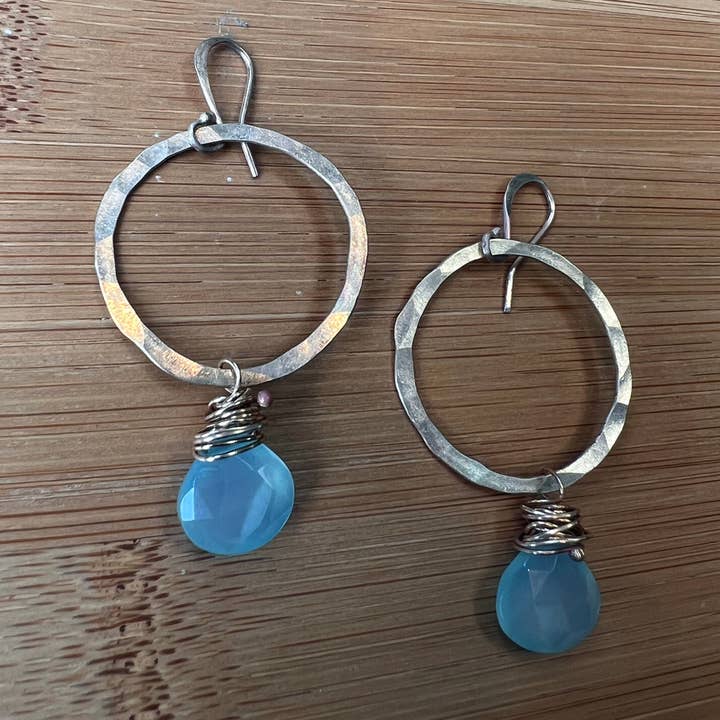 Hoop Drop Hammered Recycled Metal Gemstone Earring for wholesale by Jen Burrall Designs