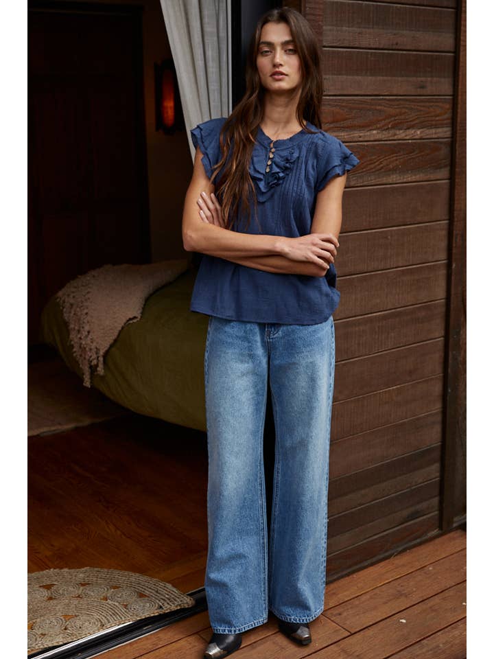By Together - Wholesale Blouse - Women's - L6502 | Woven Cotton Linen Button V-Neck Short Sleeve Top