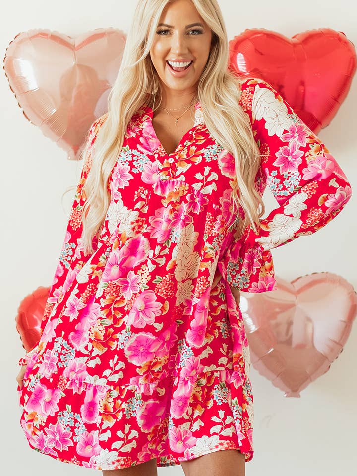 Red Floral Print High Waist V Neck Babydoll Mini Dress for wholesale on Faire