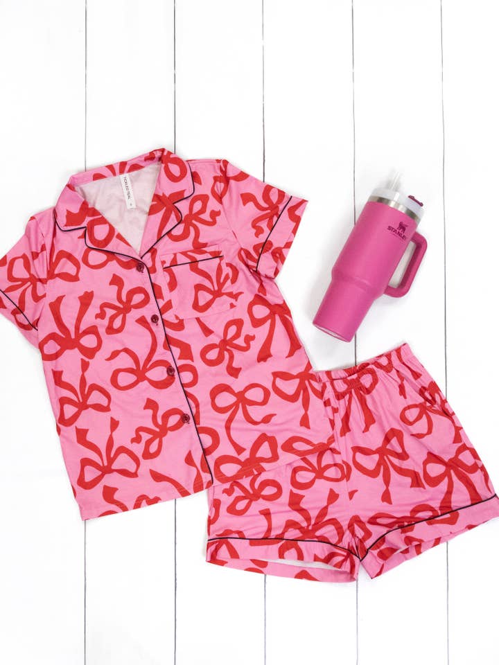 Tickled Teal - Wholesale Sleepwear Set - Women's - Pattern Bow Heart Pajamas