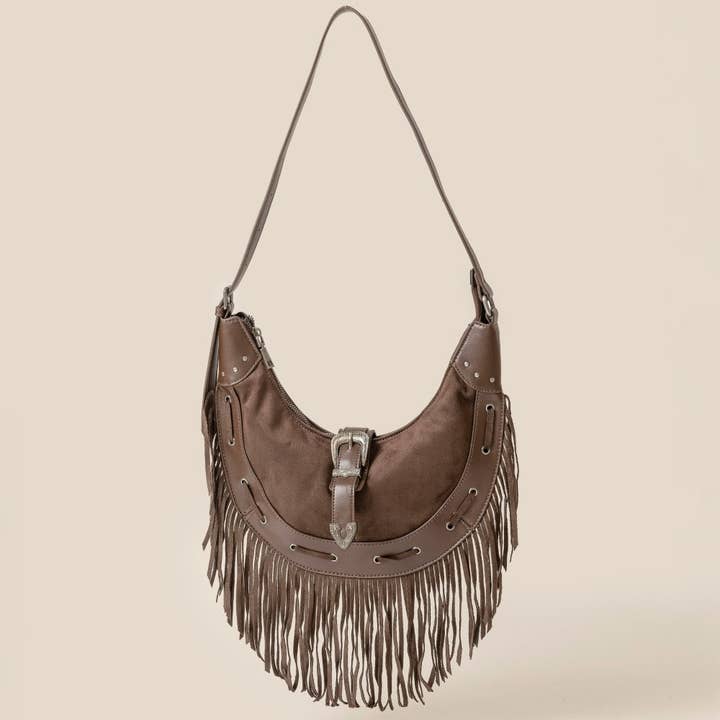 Anarchy Street - Wholesale Shoulder Bag - Women's - Leather Belt Decor Fringe Hobo Shoulder Bag