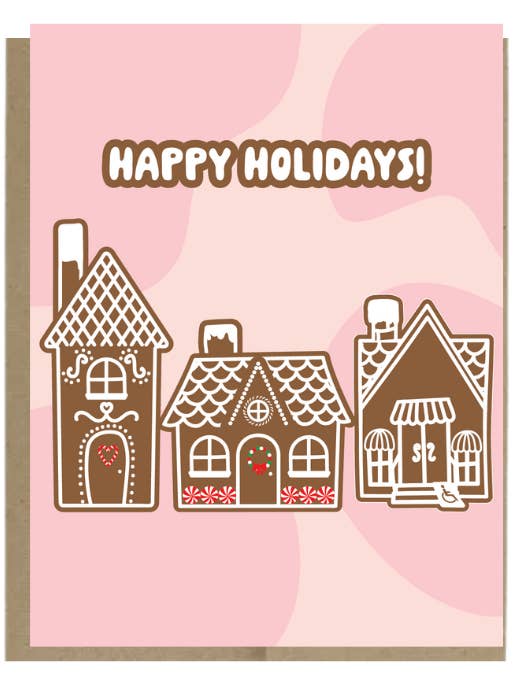 Gingerbread House Village greeting card for wholesale by Harmony Art Shop