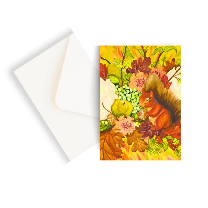 Carte de vœux aquarelle automnale écureuil vierge pour la vente par Chloe Marie Hourdequin Designs