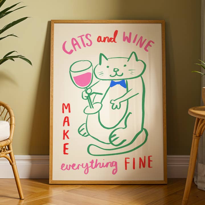 Cats and Wine Art Print - Green/Pink Trending Poster for wholesale by BOOBOOSKINS
