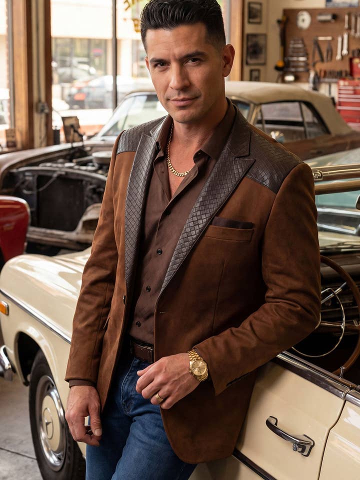 Blazer de solapa de pico de piel sintética para hombre 6BLW01 para venta al por mayor de BARABAS