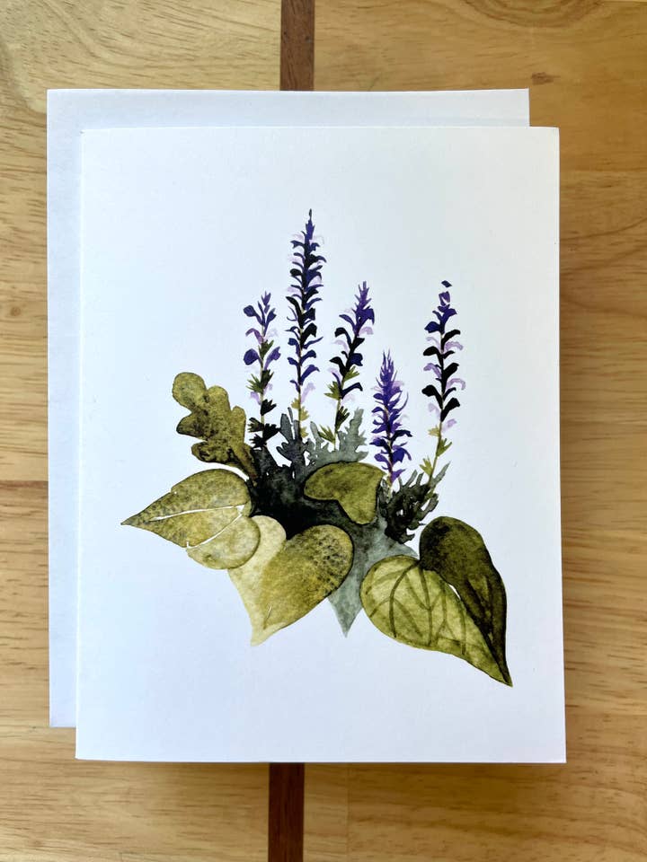 Lilla vilde blomster med grønt - akvarel lykønskningskort for engroshandel hos Kristin Schmidt Artist