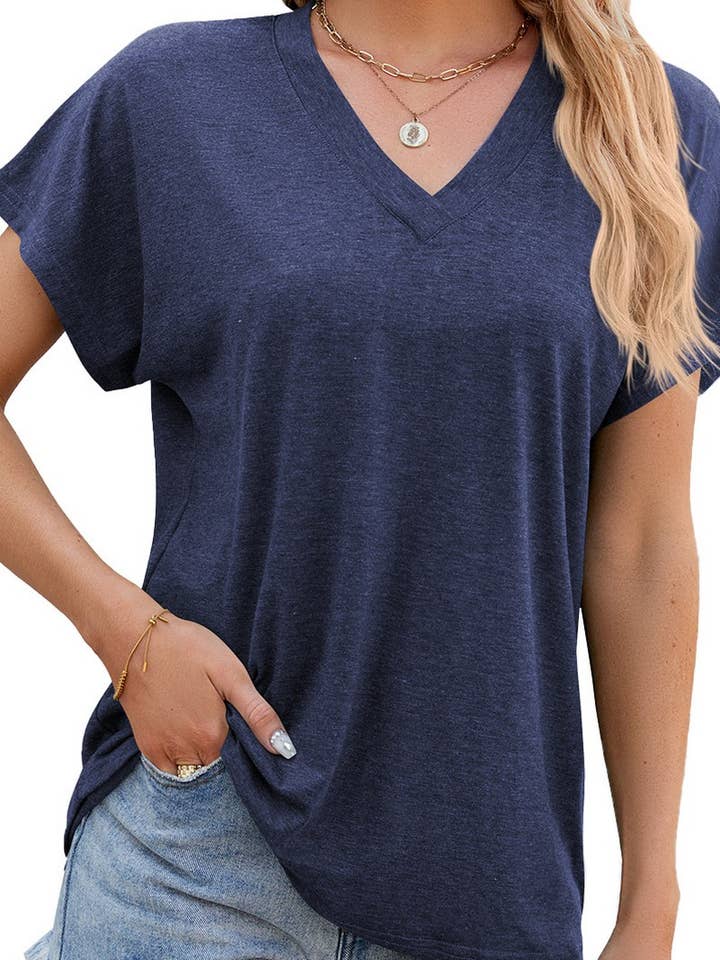 Lily Clothing - Vente T-shirt – femme - PULL DÉCONTRACTÉ À MANCHES COURTES DE COULEUR UNIE À COL EN V_CWTSTS01989