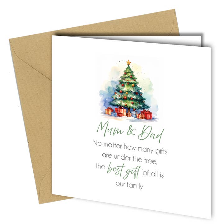 Mamma & Papa Kerstkaart – “Het Beste Geschenk Is Onze Familie” voor wholesale door Close to the Bone Greeting Cards and Gifts