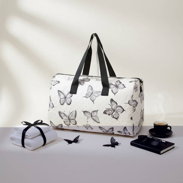 Travel Bag Cream Quilted Black Butterfly Duffel for wholesale by PinktownUSA