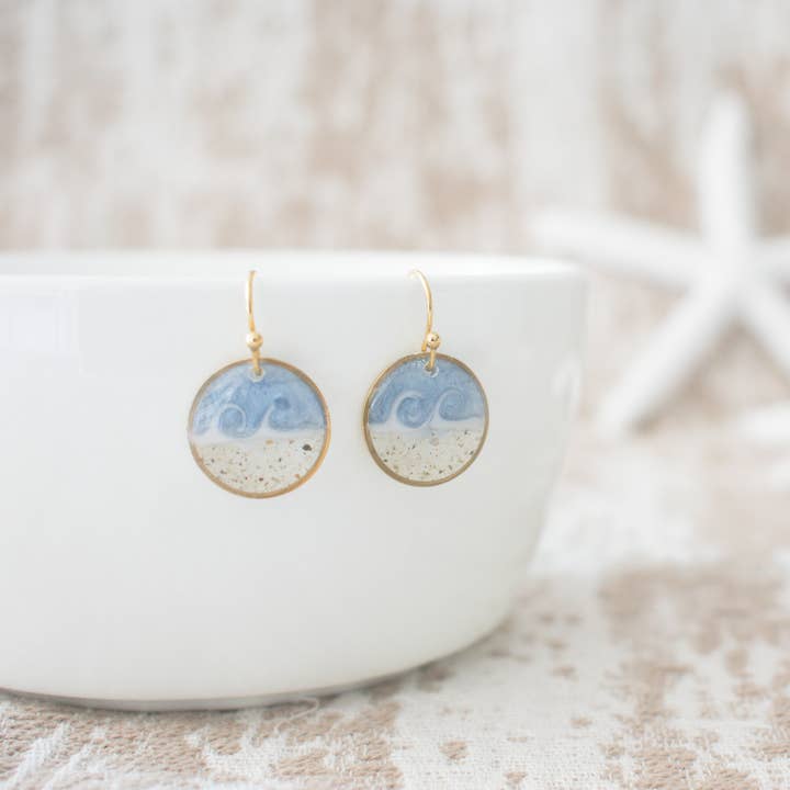 Custom Sand Dangle | Circle | Hand Painted Wave | Gold for wholesale by Sandy Beaches Shop