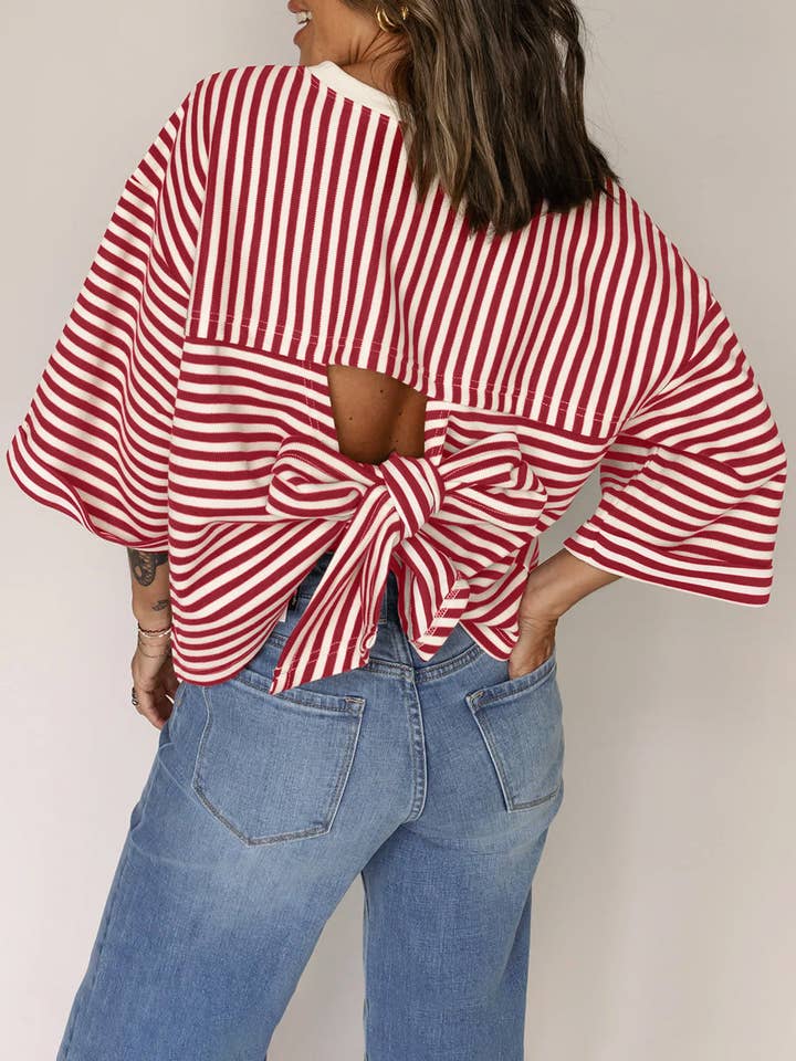 Red Stripe Bowknot Cutout Back Drop Shoulder Wide Bracelet Sleeve Loose Tee for wholesale by Lovesoft