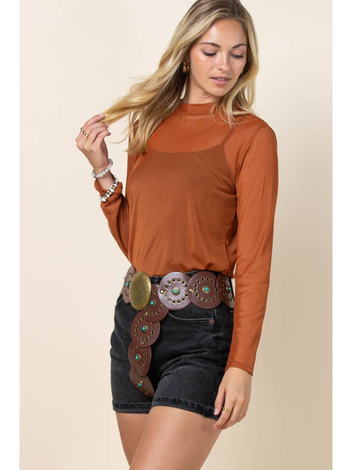 Cinnamon AV1230-CHASE SOLID SEMI SHEER MESH TOP for wholesale on Faire