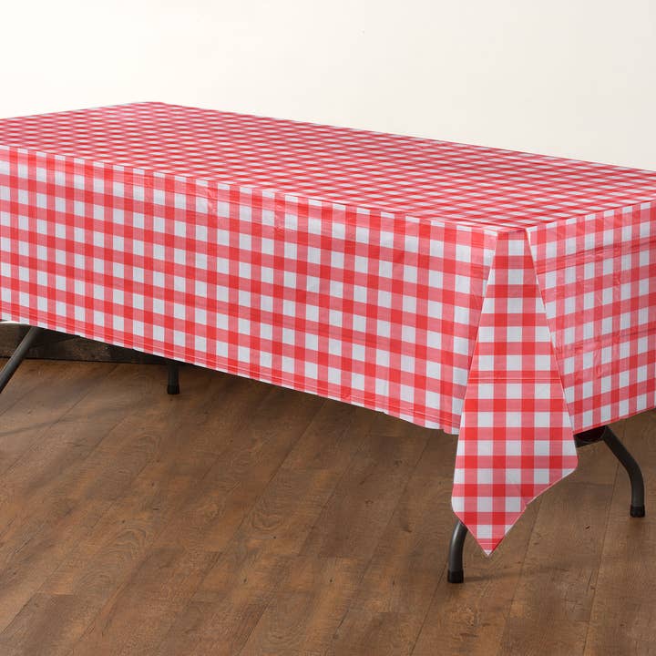 Red gingham 54 in. x 108 in. Rectangle Plastic table cover for wholesale on Faire