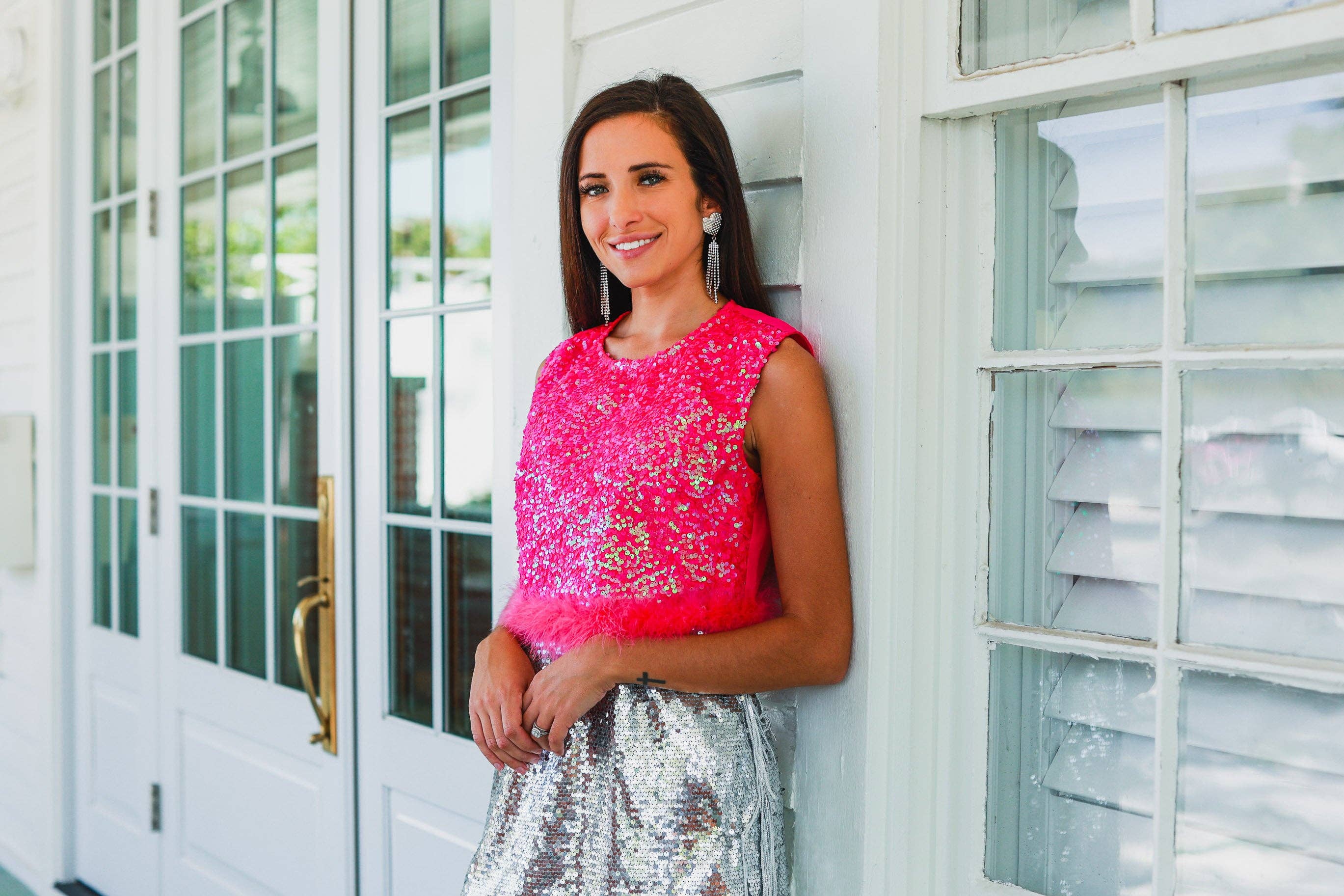 Feather or Not Sequin Crop with Feather Trim, Hot Pink for wholesale on Faire4