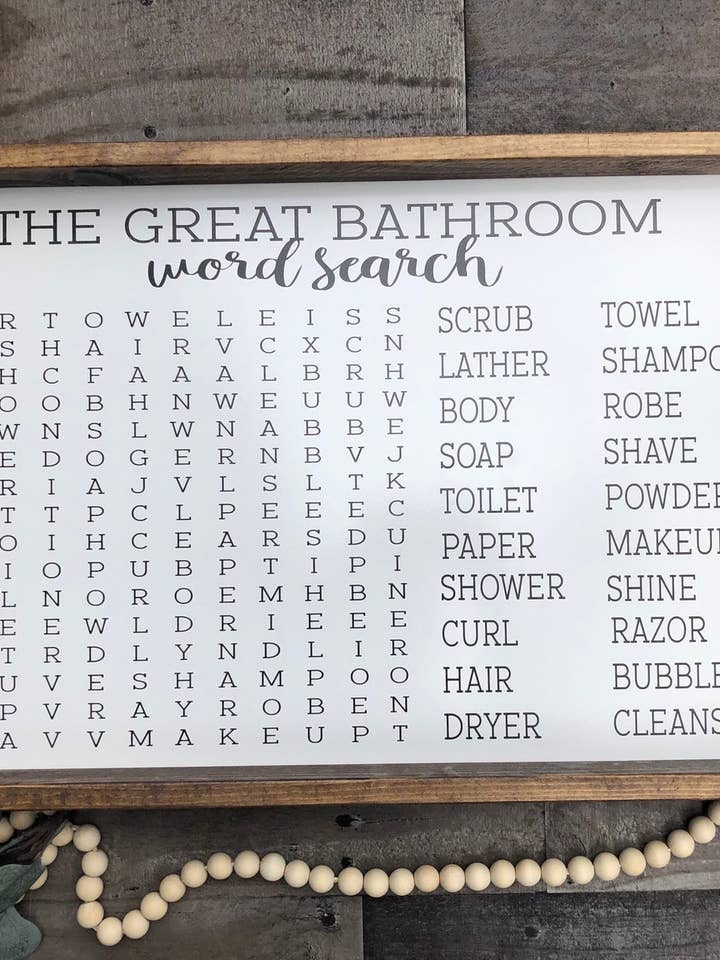 Panneau encadré en bois The Great Bathroom Word Search (Copy) pour la vente par Willie & Dolly Designs