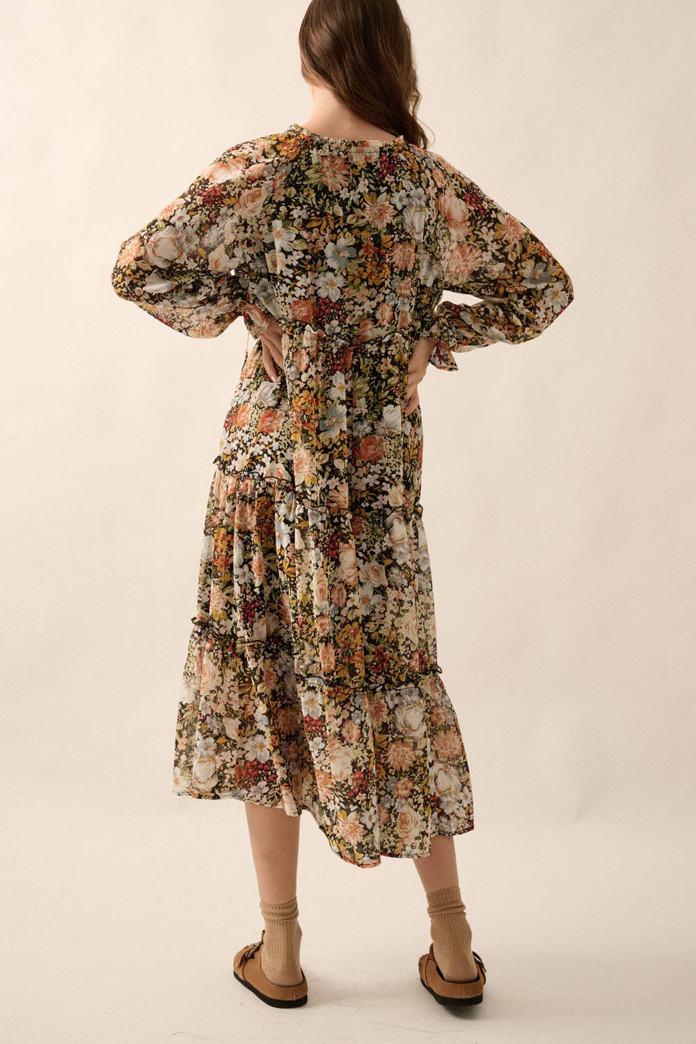 Black Floral V-Neck Chiffon Midi Dress for wholesale on Faire5
