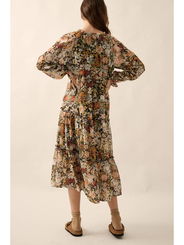 Black Floral V-Neck Chiffon Midi Dress for wholesale on Faire5